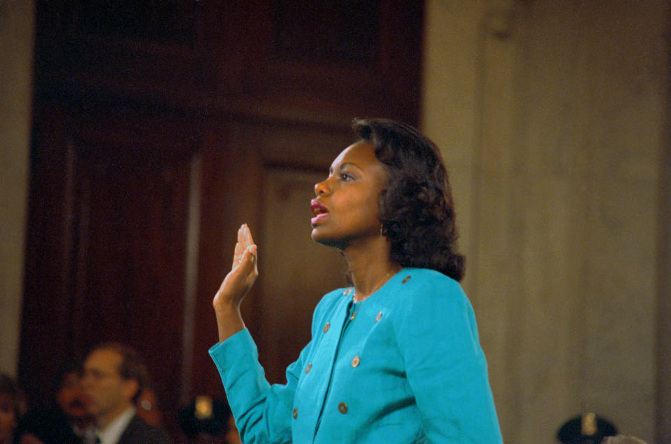 Anita Hill is sworn in before testifying at the Senate Judiciary hearing on the Clarence Thomas Supreme Court nomination in 1991.