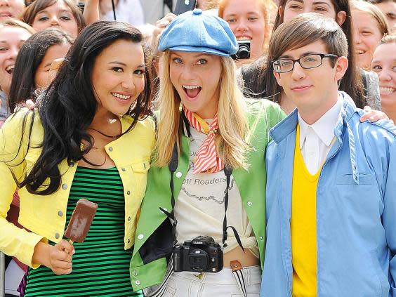 Rivera (left) with Heather Morris and Kevin McHale on set in New York (Rex)
