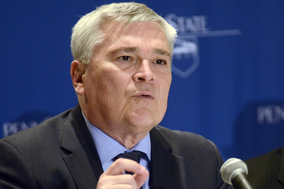 FILE – In this Feb. 17, 2014, file photo, Eric Barron, after being unanimously voted in to serve as Penn State’s 18th president after Rodney Erickson’s retirement later that year, answers questions from reporters during a news conference in State College, Pa. The university’s board voted Friday, May 4, 2018, to extend Barron’s contract through 2022, giving Barron three more years at the helm of the university beyond the prior end of the contract in June 2019. (AP Photo/Ralph Wilson, File)
