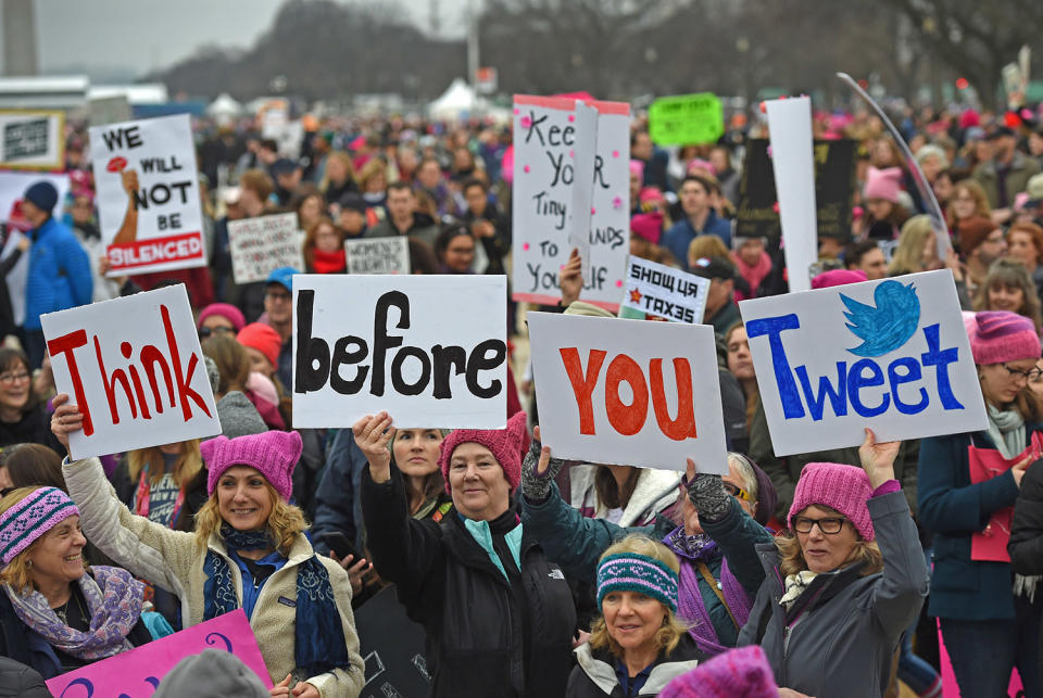 <p>Demonstrators protest on the National Mall in Washington, DC, for the Women’s March on January 21, 2017. (ANDREW CABALLERO-REYNOLDS/AFP/Getty Images) </p>