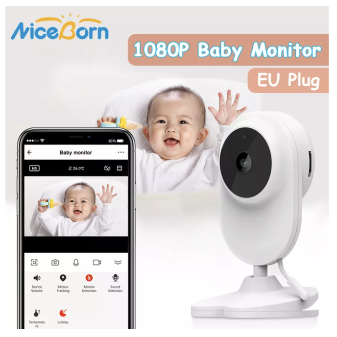 A product image of a NiceBorn baby monitor with app.