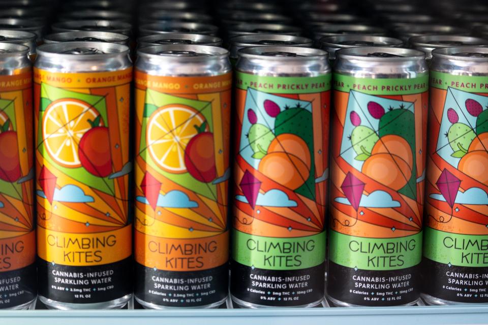 Lua Brewing's Climbing Kites THC-infused seltzer is seen in a cooler at the Despensary in Des Moines.