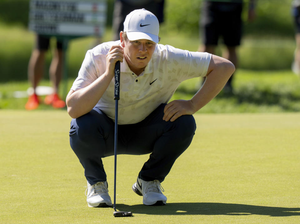 Robert MacIntyre of Scotland lines up his putt on the sixth hole during the second round of the Canadian Open golf tournament in Hamilton, Ontario, Friday May 31, 2024. (Frank Gunn/The Canadian Press via AP)