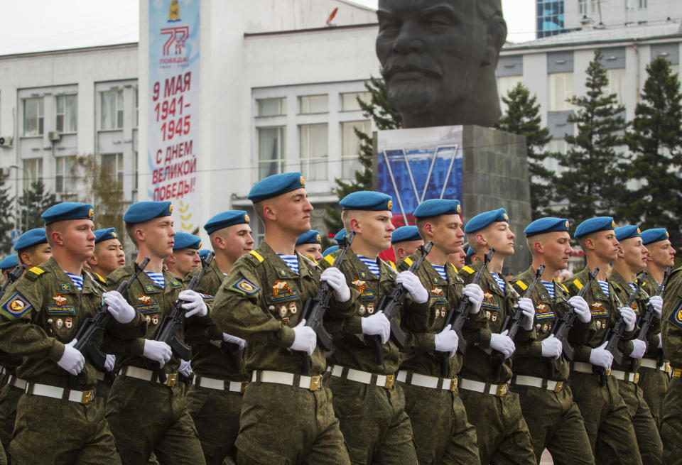 Russian servicemen march during the Victory Day military parade in Ulan-Ude, the regional capital of Buryatia, a region near the Russia-Mongolia border, Russia, Monday, May 9, 2022, marking the 77th anniversary of the end of World War II. (AP Photo)