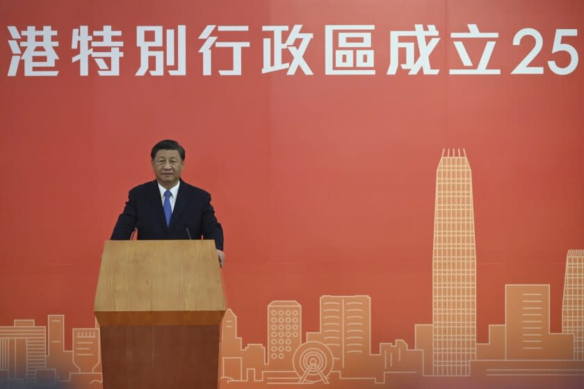 China's President Xi Jinping delivers a speech after arriving for the upcoming handover anniversary by train in Hong Kong, Thursday, June 30, 2022. Xi has arrived in Hong Kong ahead of the 25th anniversary of the British handover and after a two-year transformation bringing the city more tightly under Communist Party control. (Selim Chtayti/Pool Photo via AP)