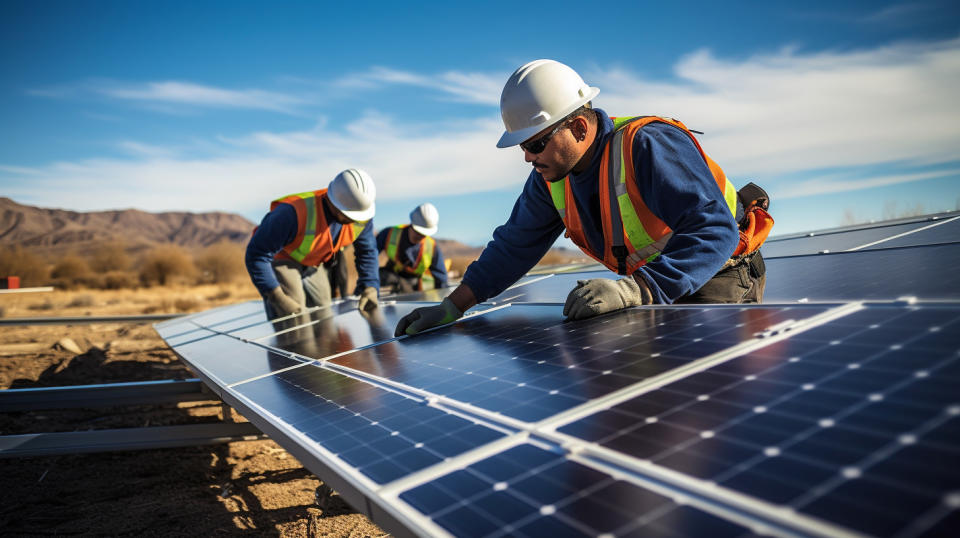 Solar panel workers installing a new farm for clean energy generation.