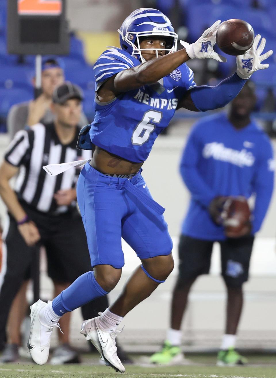 Memphis Tigers receiver Marcayll Jones catches a pass during the Friday Night Stripes spring football game at Liberty Bowl Memorial Stadium on Friday, April 22, 2022. 