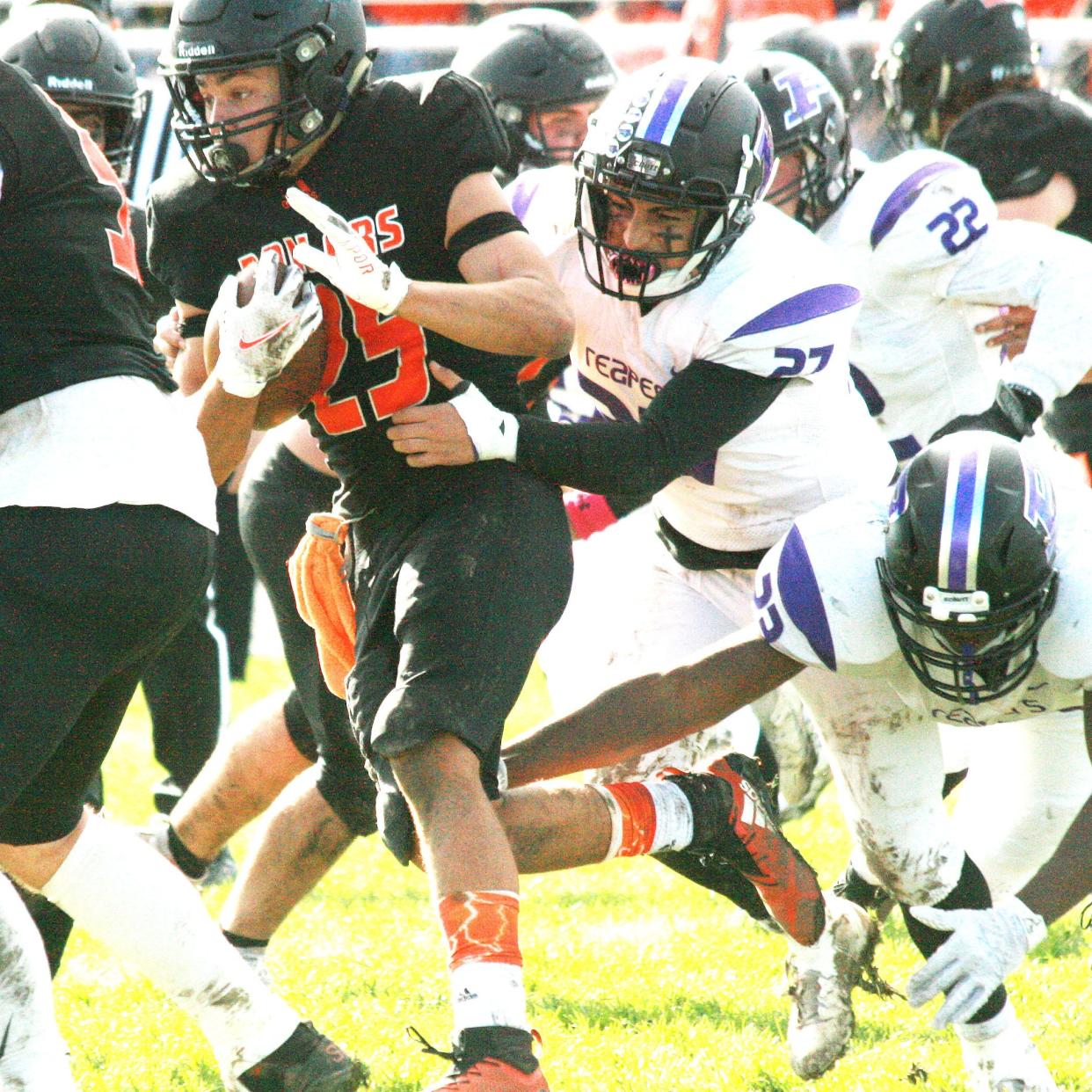 KHS's Keyontiss Patterson, seen here in first-round playoff action against Plano, was named a unanimous all-conference pick for running back by TRAC coaches this year. Offensive lineman James Connor was Kewanee's other unanimous all-conference selection.