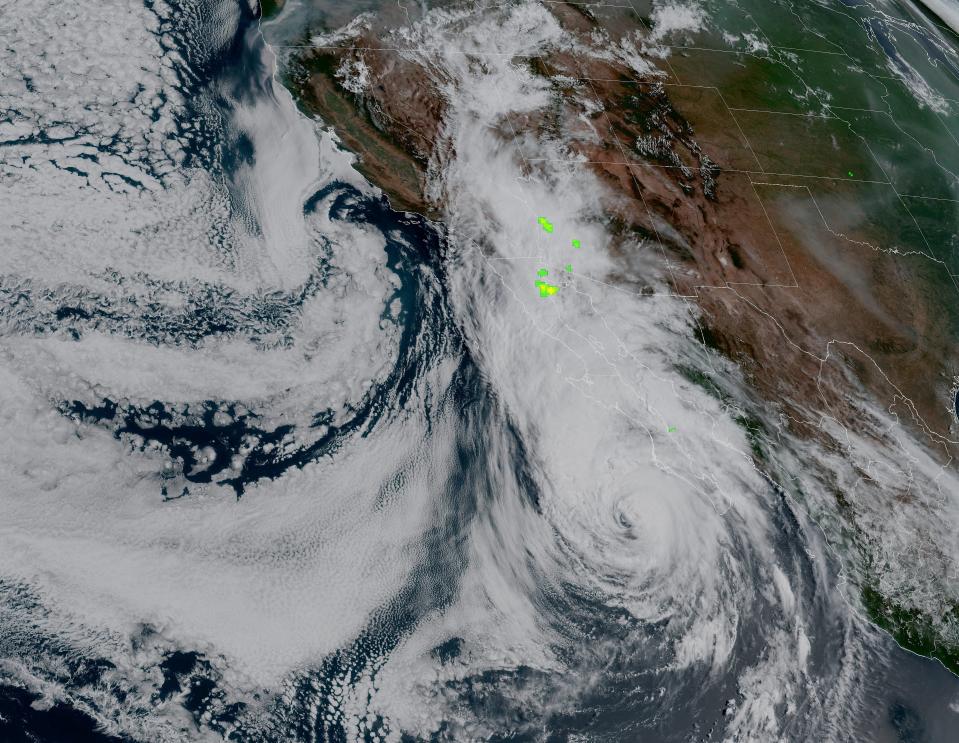 This Saturday, Aug. 19, 2023 satellite image shows Hurricane Hilary, moving closer to the Pacific Coast of Baja California, Mexico, and the Southwestern United States, where it is expected to produce catastrophic rainfall.