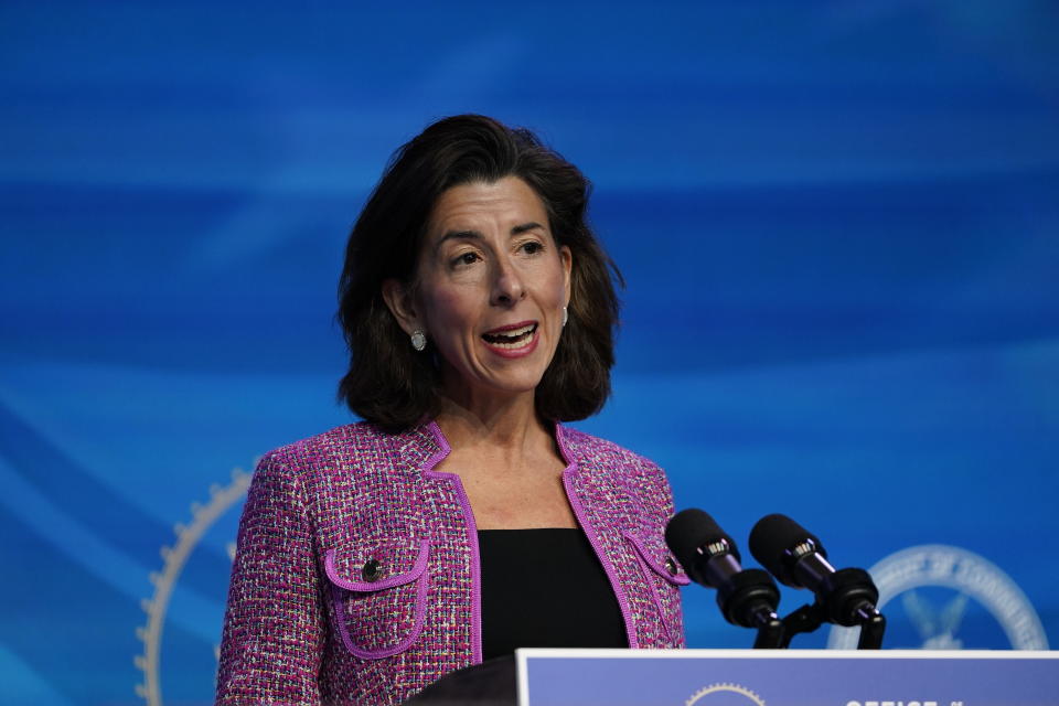 President-elect Joe Biden's nominee for Secretary of Commerce, Rhode Island Gov. Gina Raimondo speaks during an event at The Queen theater in Wilmington, Del., Friday, Jan. 8, 2021. (AP Photo/Susan Walsh)