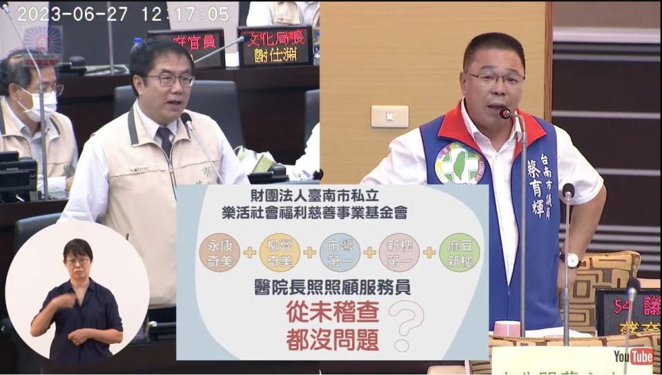 台南市議員蔡育輝多次在議會質詢市長黃偉哲是否護航樂活基金會相關標案。翻攝台南市議會直播頻道