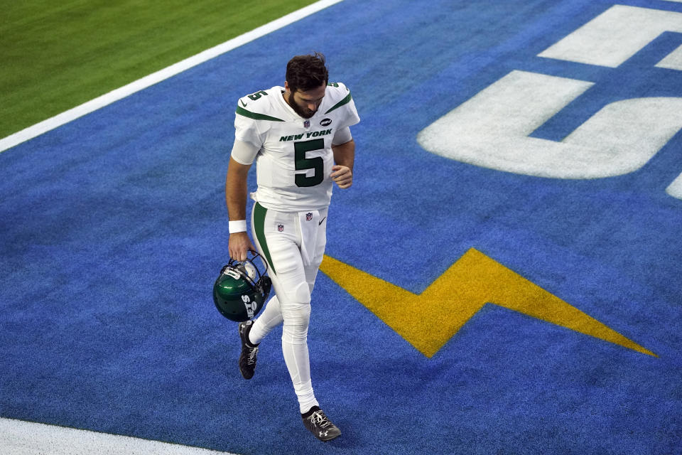 New York Jets quarterback Joe Flacco (5) walks off the field after a loss to to the Los Angeles Chargers during an NFL football game Sunday, Nov. 22, 2020, in Inglewood, Calif. (AP Photo/Jae C. Hong)
