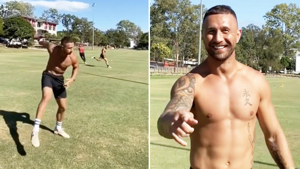 Quade Cooper (pictured left) throwing the NFL ball and (pictured right) smiling to the camera.