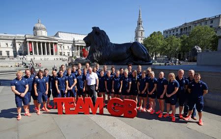 Britain Rugby Union - Team GB - Rio 2016 Rugby Sevens Team Announcement - Brazilian Embassy, London - 19/7/16 Team GB Rugby Sevens men's and women's team pose for a group photo in Trafalgar Square Action Images via Reuters / Henry Browne Livepic EDITORIAL USE ONLY.