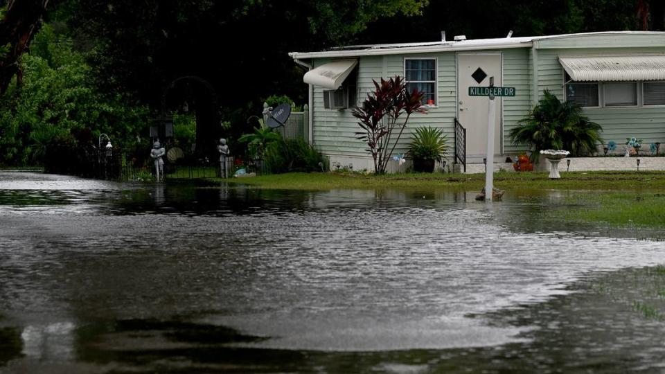 Many homes in Villa Del Sol Mobile Home Park are without power and surrounded by water. Several roads are closed in Manatee County as now Hurricane Debbie swept through the area on Monday, Aug. 5, 2024.