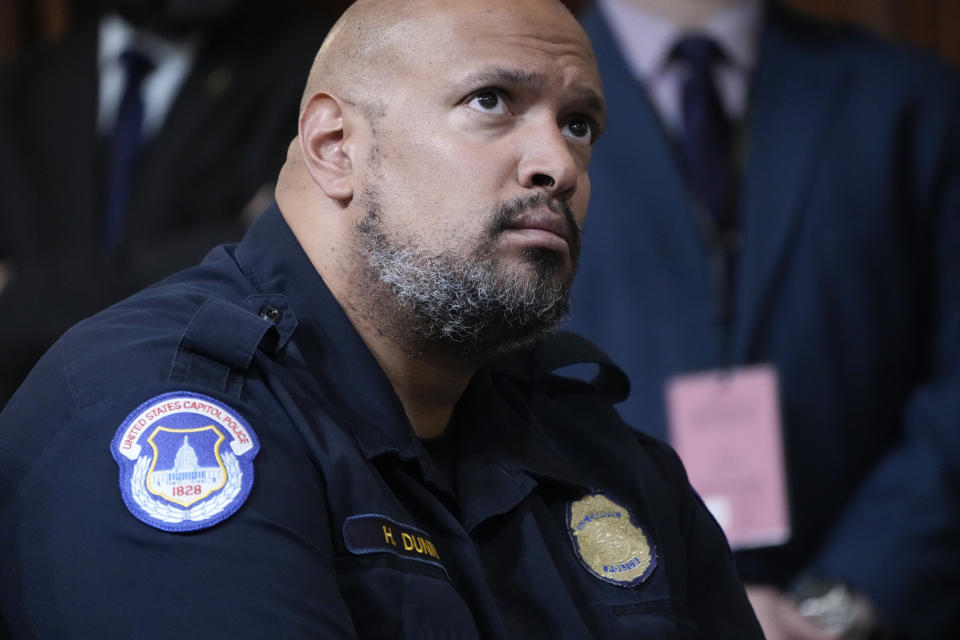 FILE - U.S. Capitol Police Sgt. Harry Dunn listens as the House select committee investigating the Jan. 6 attack on the U.S. Capitol holds its final meeting on Capitol Hill in Washington, Monday, Dec. 19, 2022. Dunn, who defended the U.S. Capitol on Jan. 6, is part of a crowded field seeking the Democratic nomination for a U.S. House seat from Maryland on Tuesday, May 14, 2024. (AP Photo/Jacquelyn Martin, File)