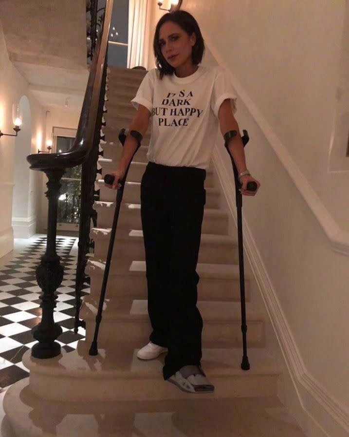 Injured, but make it fashion: not long after the completion of her London Fashion Week show, Victoria Beckham suffered "a small stress fracture" to her foot. The designer, ever the fashionista, still managed to look chic in a snap for Instagram on Feb. 23, 2018, where she's seen wearing her line's newest tee shirt and standing at the bottom of her stairs. ""Thank you for all the lovely messages,a small stress fracture, just needs some rest! #itsnotideal", Beckham wrote.