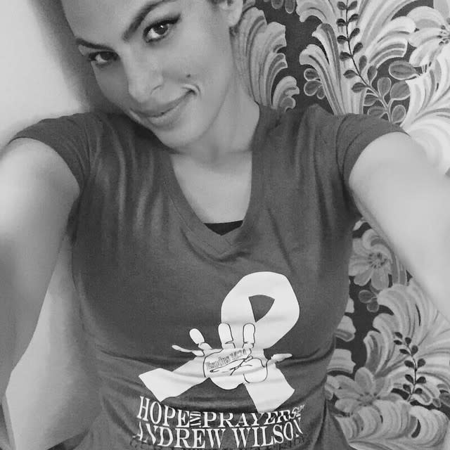 Eva Mendes doesn't take a selfie for nothing! The 41-year-old actress Instagrammed her first selfie ever on Wednesday to help raise money for an adorable toddler named Andrew Wilson Wratten, who's been undergoing treatment for neuroblastoma cancer. Eva shared a picture of the still-smiling Andrew, asking fans to donate to him and his family. "His family has spent the last year going through every parent's worst nightmare as they watch their little boy endure grueling treatment and they need our help," she wrote. "From the bottom of my heart, I thank you in advance for your support of this precious little boy and his family. xx." <strong> PHOTOS: Gwyneth Paltrow Stands Up to Cancer </strong> In the selfie, Eva shared a black-and-white picture of herself wearing a t-shirt bearing Andrew's name. She plans to sign the shirt and give it away to one person who made a donation within 48 hours of her posting the pic. The cause is personal for the big-hearted actress, given that she's now a mom to her own daughter, Esmeralda Amada, with boyfriend Ryan Gosling. In January, she also participated in the Hollywood Stands Up To Cancer event, where she shared that her brother Carlos has cancer. "Tonight I'm here with my family -- my brother Carlos who I love so much -- he had treatment today, and we weren't sure if he was going to be feeling up to it, so I'm so happy he made it, and I love you," she said in a sweet on stage moment. <strong>WATCH: Ryan Gosling Defends Eva on Twitter</strong> Watch below: