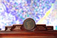 A decoration sitting on a chair is pictured at the Peace House, the venue for the inter-Korean summit, at the truce village of Panmunjom inside the demilitarized zone separating the two Koreas, South Korea, April 25, 2018. Yonhap via REUTERS