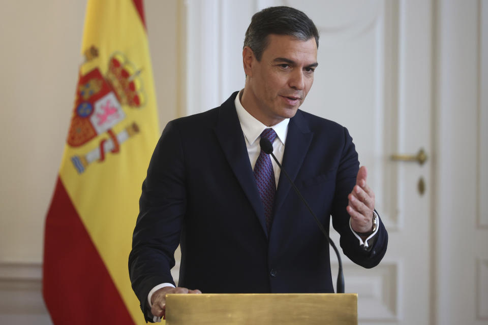 Spanish Prime Minister Pedro Sanchez speaks during a press conference after official talks with the members of Bosnian presidency in Sarajevo, Bosnia, Saturday, July 30, 2022. (AP Photo/Armin Durgut)