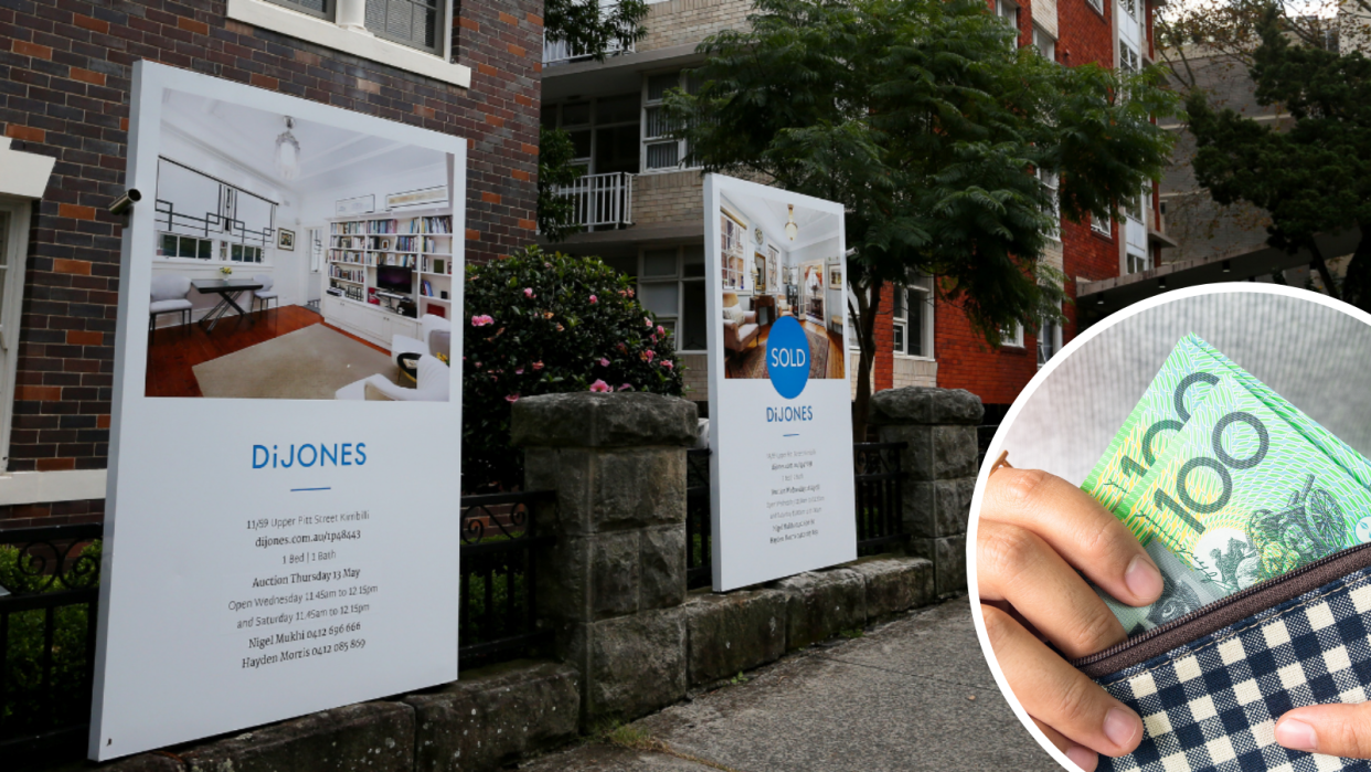 Apartment blocks with 'for sale' signs in front of them and a person removing $100 notes from a wallet to indicate the rising cost for a home deposit.