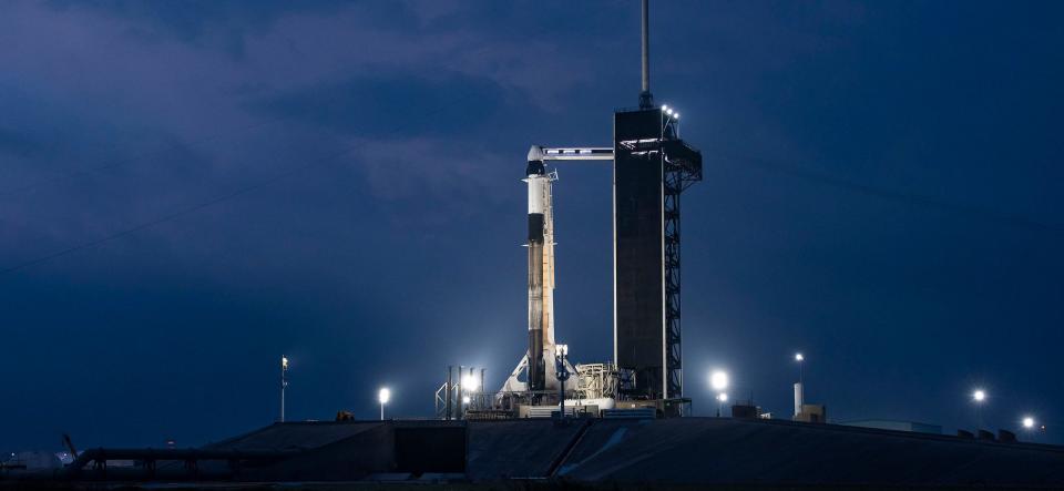 A SpaceX cargo Dragon capsule is seen at Kennedy Space Center's pad 39A ahead of the CRS-27 launch in March 2023.