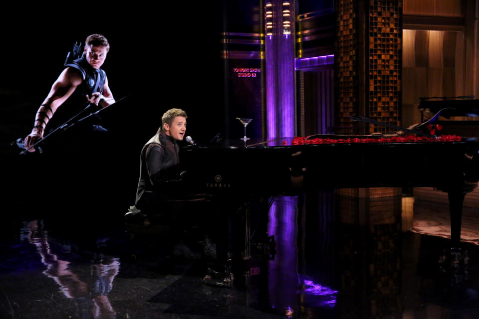 THE TONIGHT SHOW STARRING JIMMY FALLON -- Episode 0251 -- Pictured: Actor Jeremy Renner during the "Hawkeye Sings" bit on April 28, 2015 -- (Photo by: Douglas Gorenstein/NBCU Photo Bank/NBCUniversal via Getty Images via Getty Images)