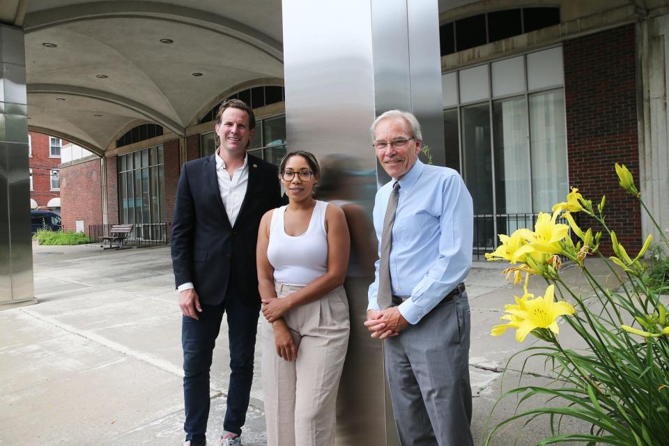 The Portsmouth City Council recently voted to explore a new strategy to acquire the McIntyre site in downtown Portsmouth. Seen on the site are Mayor Deaglan McEachern, left, Assistant Mayor Joanna Kelley and City Councilor John Tabor.