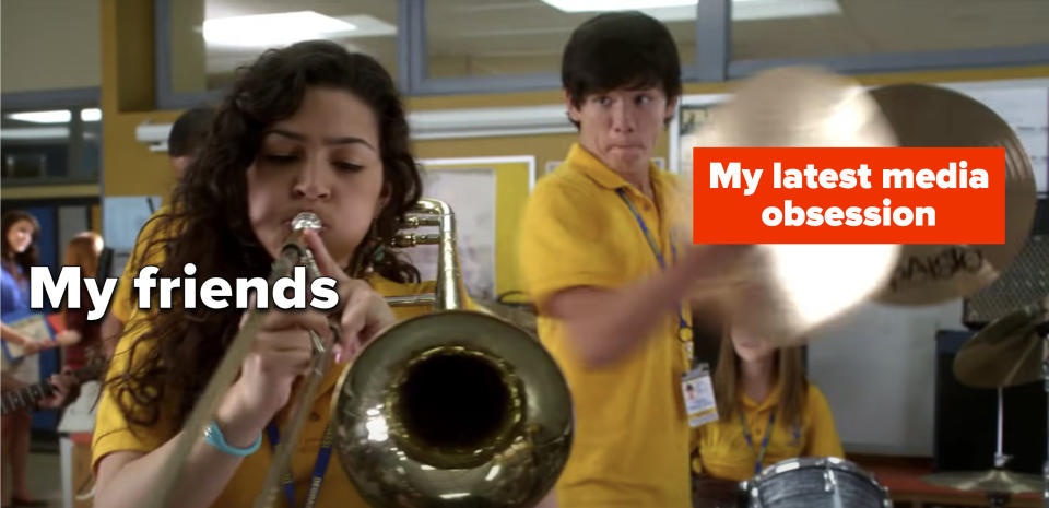 meme of Zig from "Degrassi" banging cymbals at Tori labeled "my friends" and "my latest media obsession"