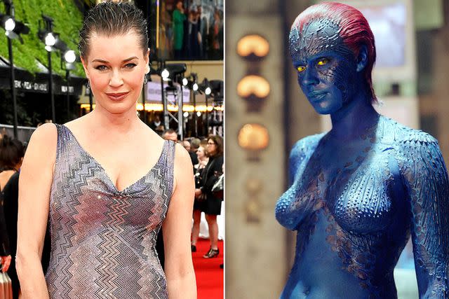 <p>Dave Benett/WireImage; Moviestore/Shutterstock</p> Rebecca Romijn on the red carpet and in "X-Men"