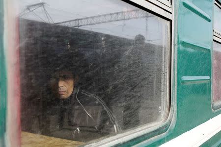 A migrant worker is seen through a carriage window on a train bound for Tajikistan in Moscow in this October 7, 2011 file photo. REUTERS/Denis Sinyakov/Files