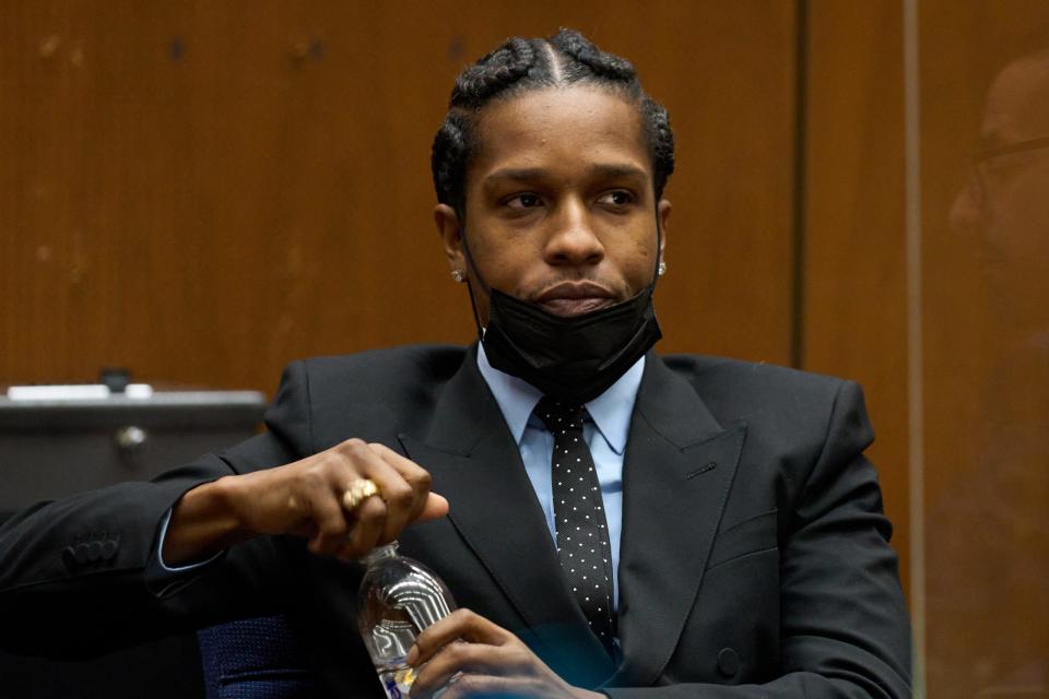 LOS ANGELES, CALIFORNIA – NOVEMBER 20: Rapper A$AP Rocky, drinks water at a preliminary hearing in his assault with a semi-automatic firearm case at the Clara Shortridge Foltz Criminal Justice Center on November 20, 2023 in Los Angeles, California. A$AP Rocky, real name Rakim Mayers, has been charged with two counts of assault with a semi-automatic firearm stemming from a November 2021 incident in Hollywood. (Photo by Allison Dinner-Pool/Getty Images)