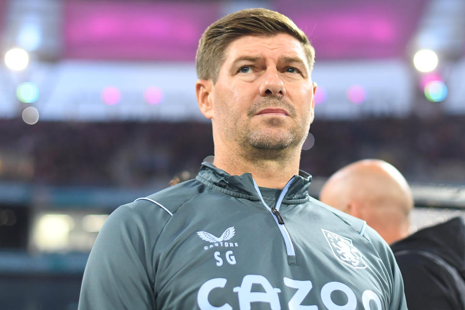 Aston Villa coach Steven Gerrard (pictured) looks on during the pre-Season Friendly match.