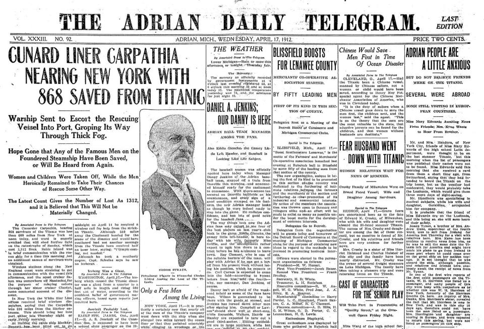 The April 17, 1912, Daily Telegram carried front page articles highlighting local ties to the sinking of the RMS Titanic. Some proved unfounded, while others were a mix of gratitude for those saved and mourning for those lost.