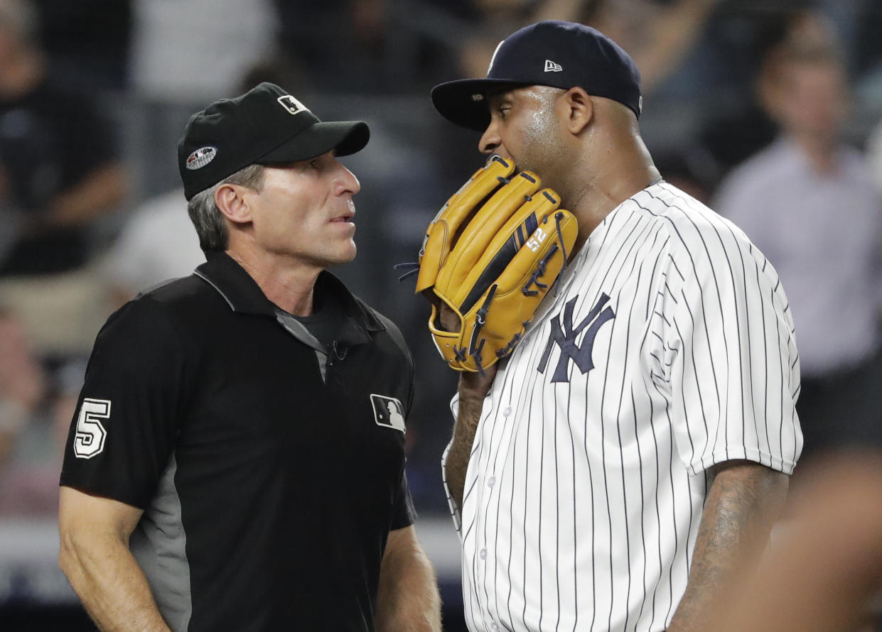 CC Sabathia likely won’t be joining Angel Hernandez’s fan club anytime soon. (AP Photo)