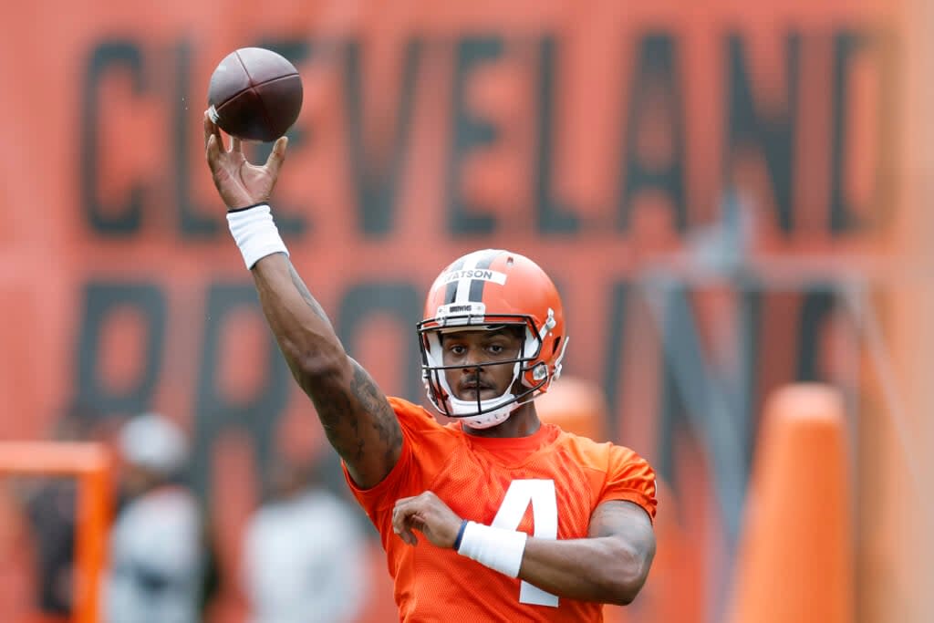 Cleveland Browns quarterback Deshaun Watson throws a pass during an NFL football practice at the team’s training facility, May 25, 2022, in Berea, Ohio. (AP Photo/Ron Schwane, File)