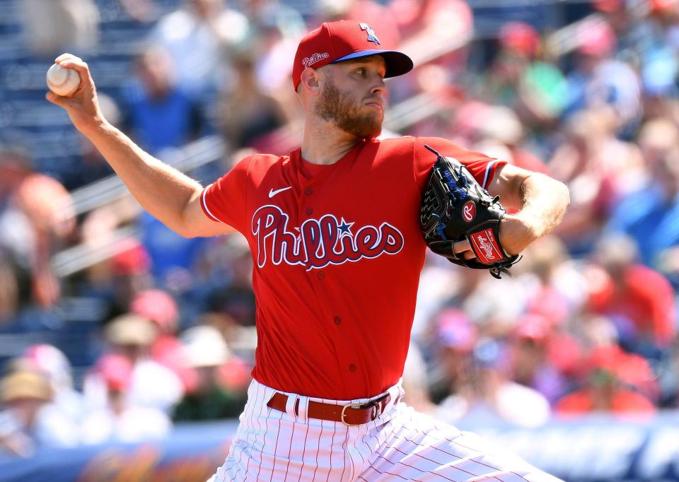 The Phillies' Zack Wheeler delivers during a March 10 spring training win over the Twins. Wheeler is scheduled as the opening day starter, but the game against the Atlanta Braves has been postponed until Friday due to an expected rain storm.