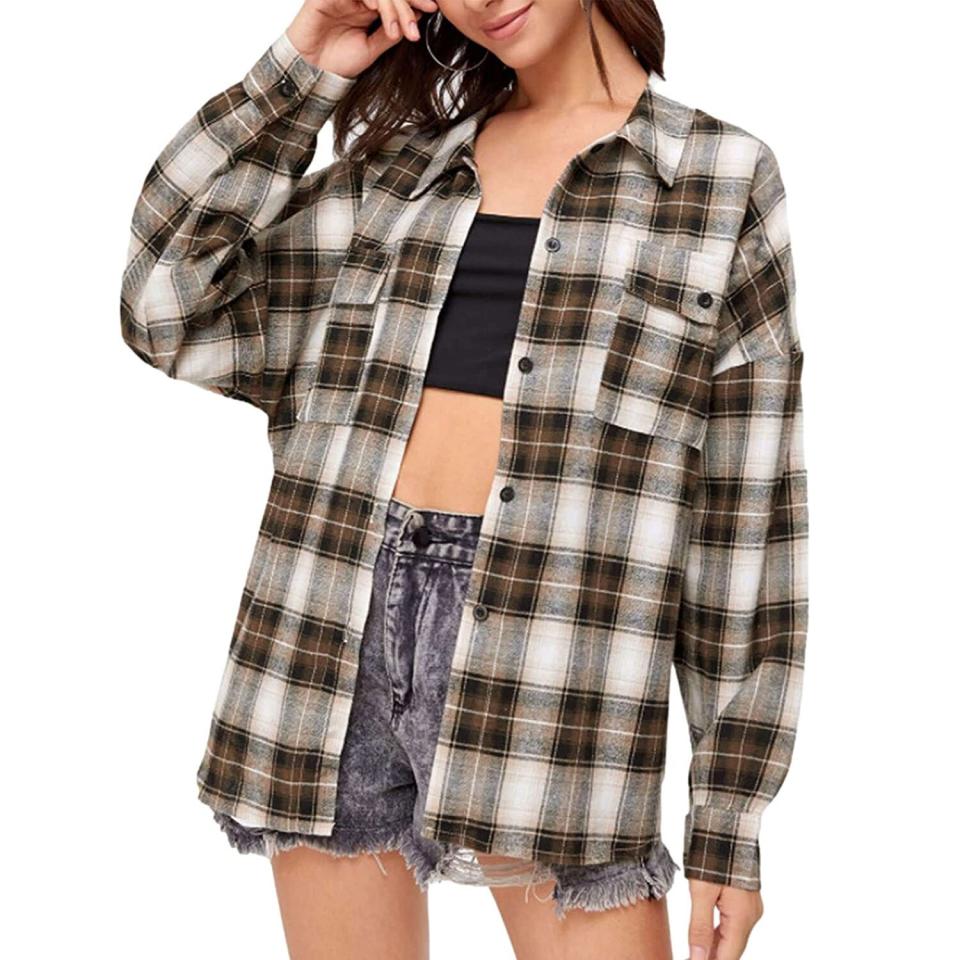 HangNiFang Womens Flannel Plaid Shirts Oversized Button Down Shirts Blouse Tops