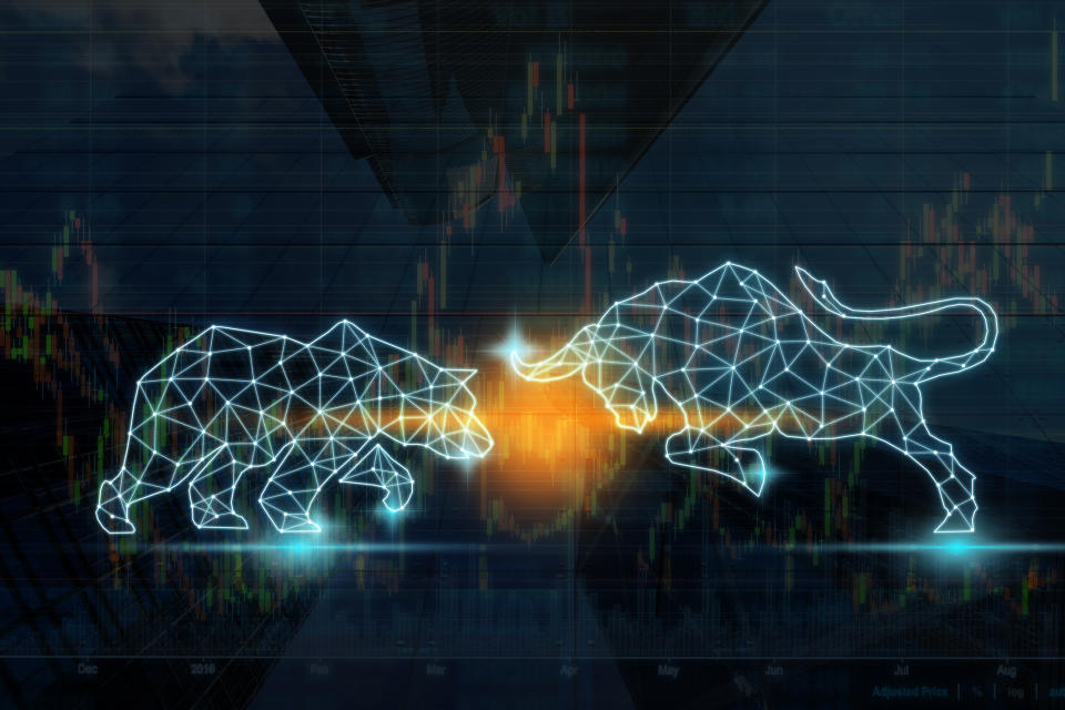 Digital wireframe rendering of a bull and bear doing battle