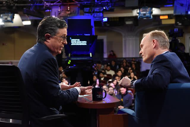 <p>Scott Kowalchyk/CBS</p> Stephen Colbert with guest John Dickerson on 'The Late Show'
