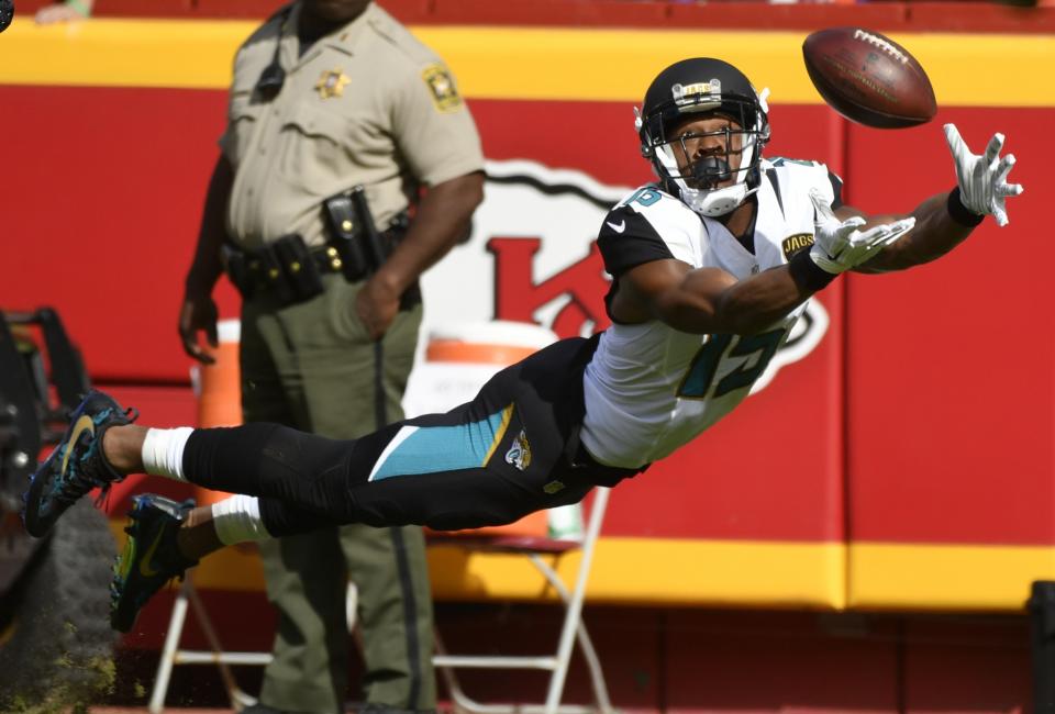 <p>Jacksonville Jaguars wide receiver Allen Robinson (15) leaps for but cannot catch the ball during the first half of an NFL football game against the Kansas City Chiefs in Kansas City, Mo., Sunday, Nov. 6, 2016. (AP Photo/Ed Zurga) </p>