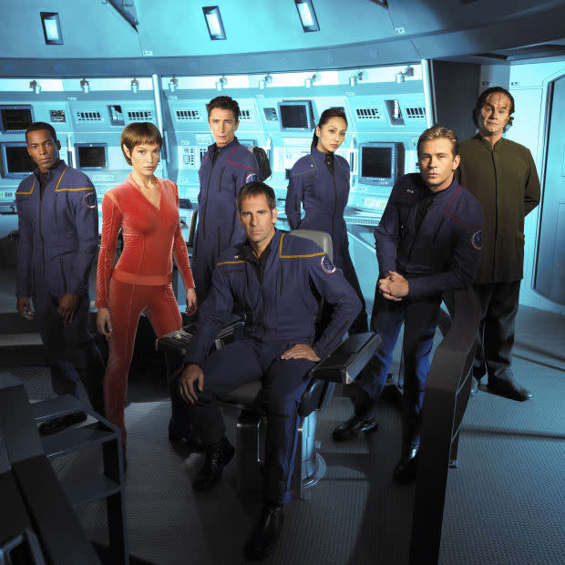 Anthony Montgomery, Jolene Blalock, Dominic Keating, Scott Bakula, Linda Park, Connor Trinneer and John Billingsley in "Star Trek: Enterprise"<p>James Sorenson/CBS Photo Archive/Getty Images</p>