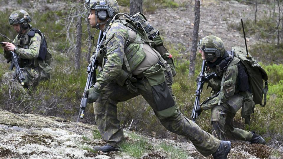 Finnish soldiers participate in training in Porvoo, east of Helsinki, Finland, on May 31, 2023. (Heikki Saukkomaa/AFP via Getty Images)