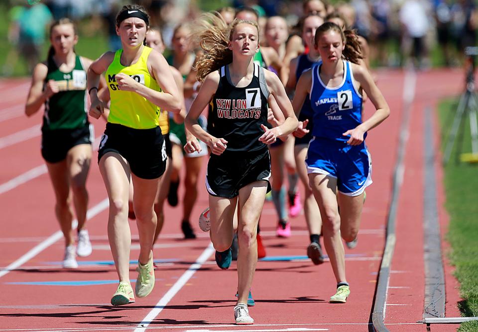 New London's Reese Landis runs in the 3200 meter final at the 2022 OHSAA state track meet in Columbus.