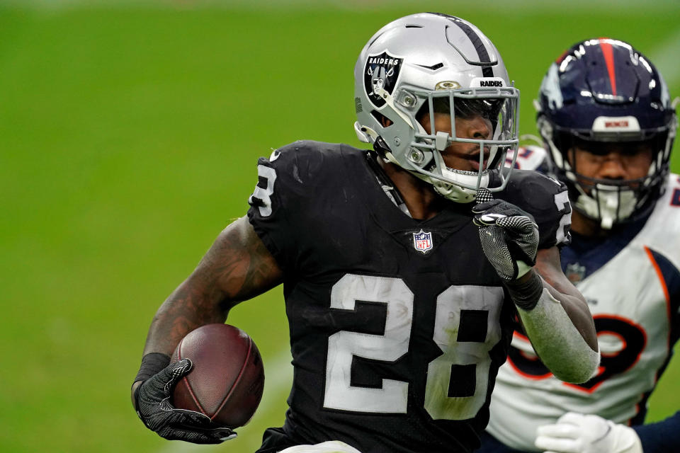 Raiders running back <a class="link " href="https://sports.yahoo.com/nfl/players/31856" data-i13n="sec:content-canvas;subsec:anchor_text;elm:context_link" data-ylk="slk:Josh Jacobs;sec:content-canvas;subsec:anchor_text;elm:context_link;itc:0">Josh Jacobs</a> (28) Credit: Kirby Lee-USA TODAY Sports