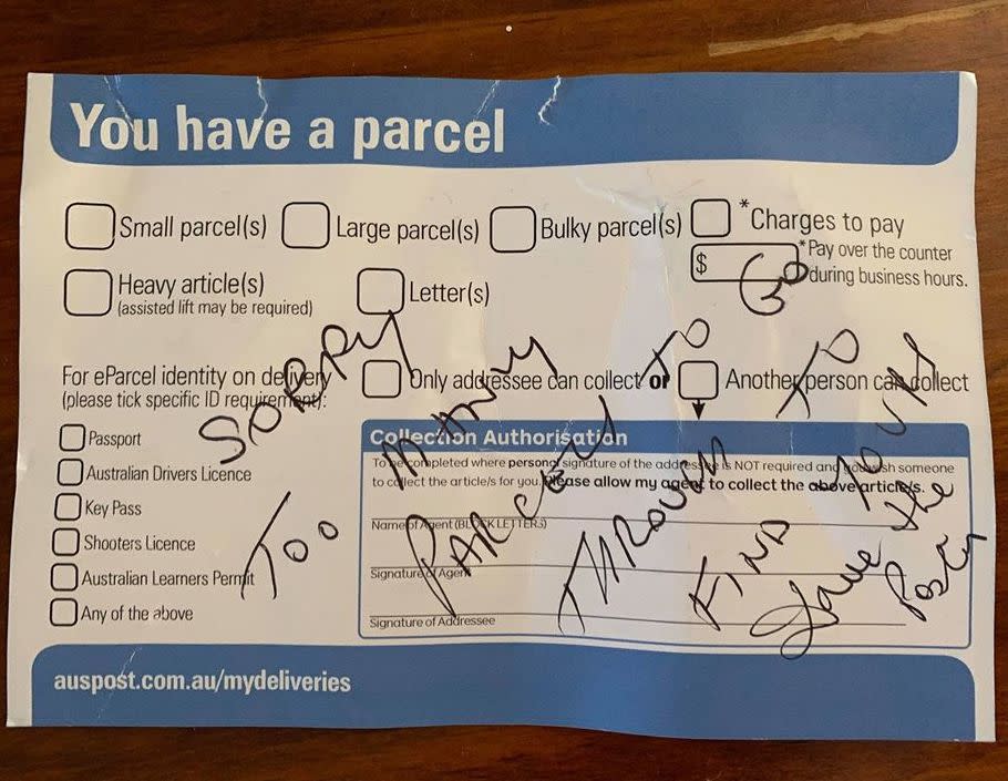 The postie said there were too many parcels to go through to find the woman's. Source: Facebook 