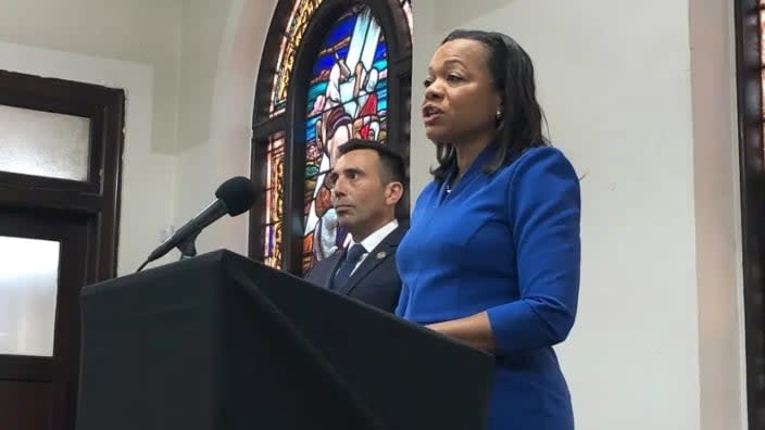 Kristen Clarke, the assistant attorney general of the U.S. Department of Justice’s Civil Rights Division, speaks next to United States Attorney Martin Estrada, of the California central division, while announcing the City National Bank settlement, the largest redlining case in American history, at a news conference Thursday at the Second Baptist Church in Los Angeles. (Photo: Stefanie Dazio/AP)