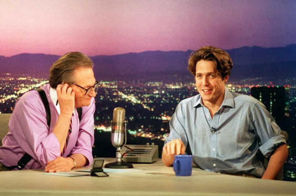 <div class="inline-image__caption"><p>Actor Hugh Grant talks to Larry King on “Larry King Live” in July 1995. </p></div> <div class="inline-image__credit">AFP via Getty Images</div>