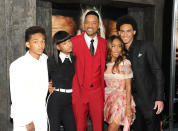 Actor Will Smith, center, poses with his family, from left, actor Jaden Smith, singer Willow Smith, actress Jada Pinkett Smith and actor Trey Smith at the "After Earth" premiere at the Ziegfeld Theatre on Wednesday, May 29, 2013 in New York. (Photo by Evan Agostini/Invision/AP)