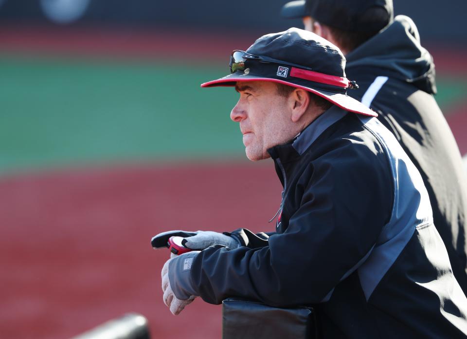 U of L head coach Dan McDonnell watches his team during the red/black scrimmage at Patterson Stadium in Louisville, Ky. on Jan. 31, 2022